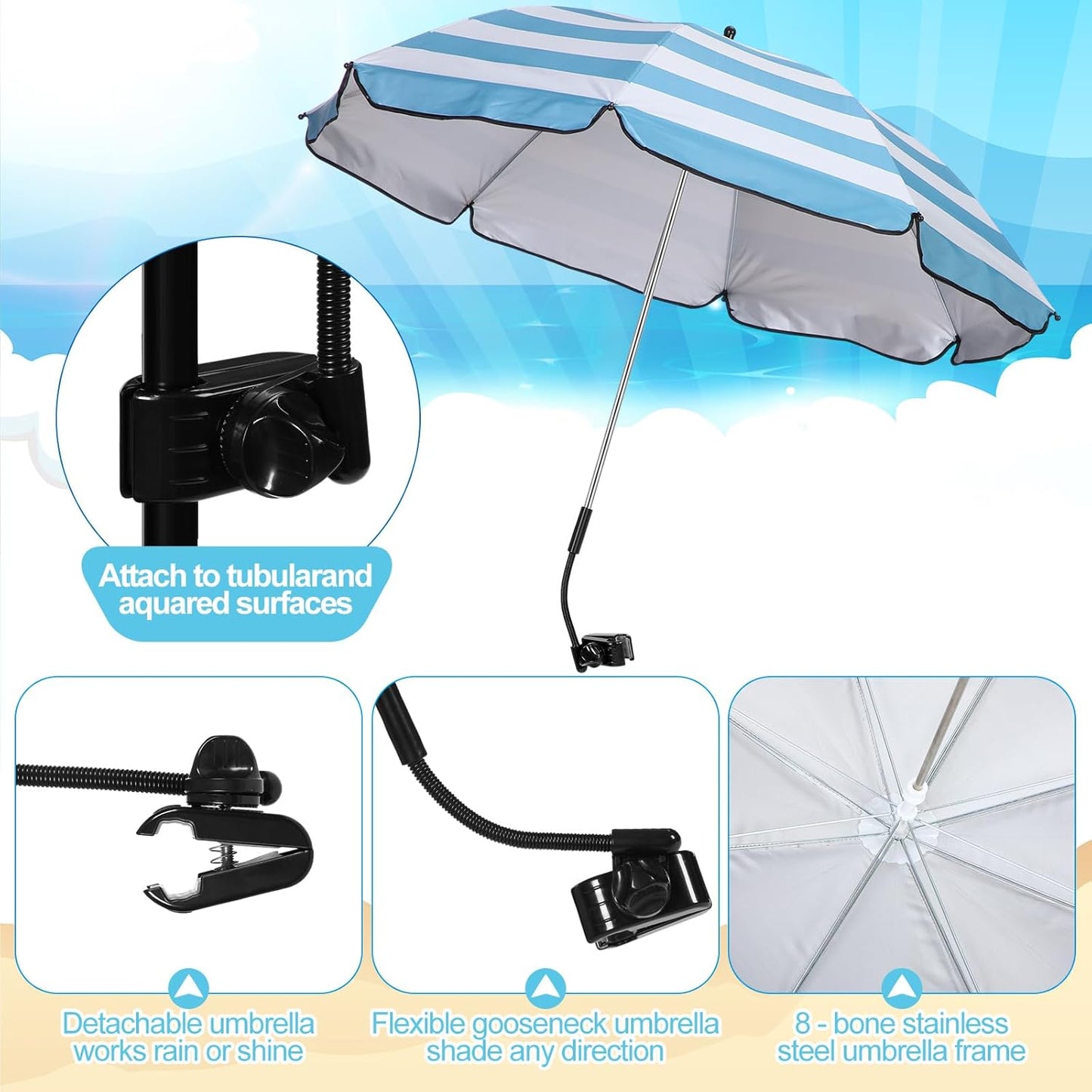 2 Sets Beach Chair with Umbrella Foldable Camping Chair Fold up Umbrella with Universal Clamp Large Portable for Outdoors Fishing Camping Hiking Travel Picnic Beach (Black,Blue,White)
