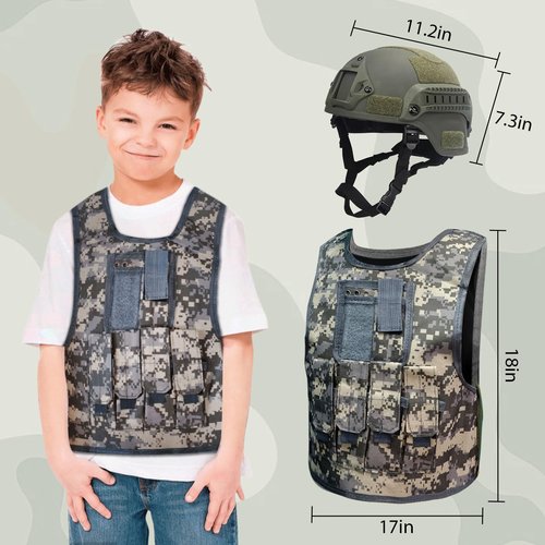 4PCS Kids Tactical Vest Set with Helmet, Gloves, Mask for Paintball & Airsoft - Adjustable Straps, Reinforced Nylon Tactical Gear, Camouflage Green