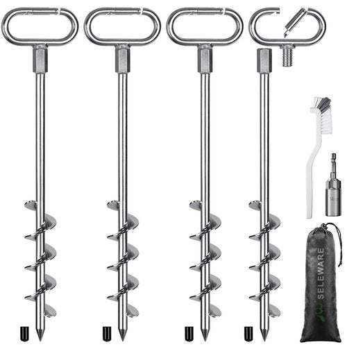 SELEWARE 17" Ground Anchors Screw in, 4 Pack Swing Set Anchor Kit, High Wind Trampoline Stakes, Heavy Duty Spiral Earth Anchor for Camping Tent, Sheds, Carports, Mobile Home, Tree & Securing Animals