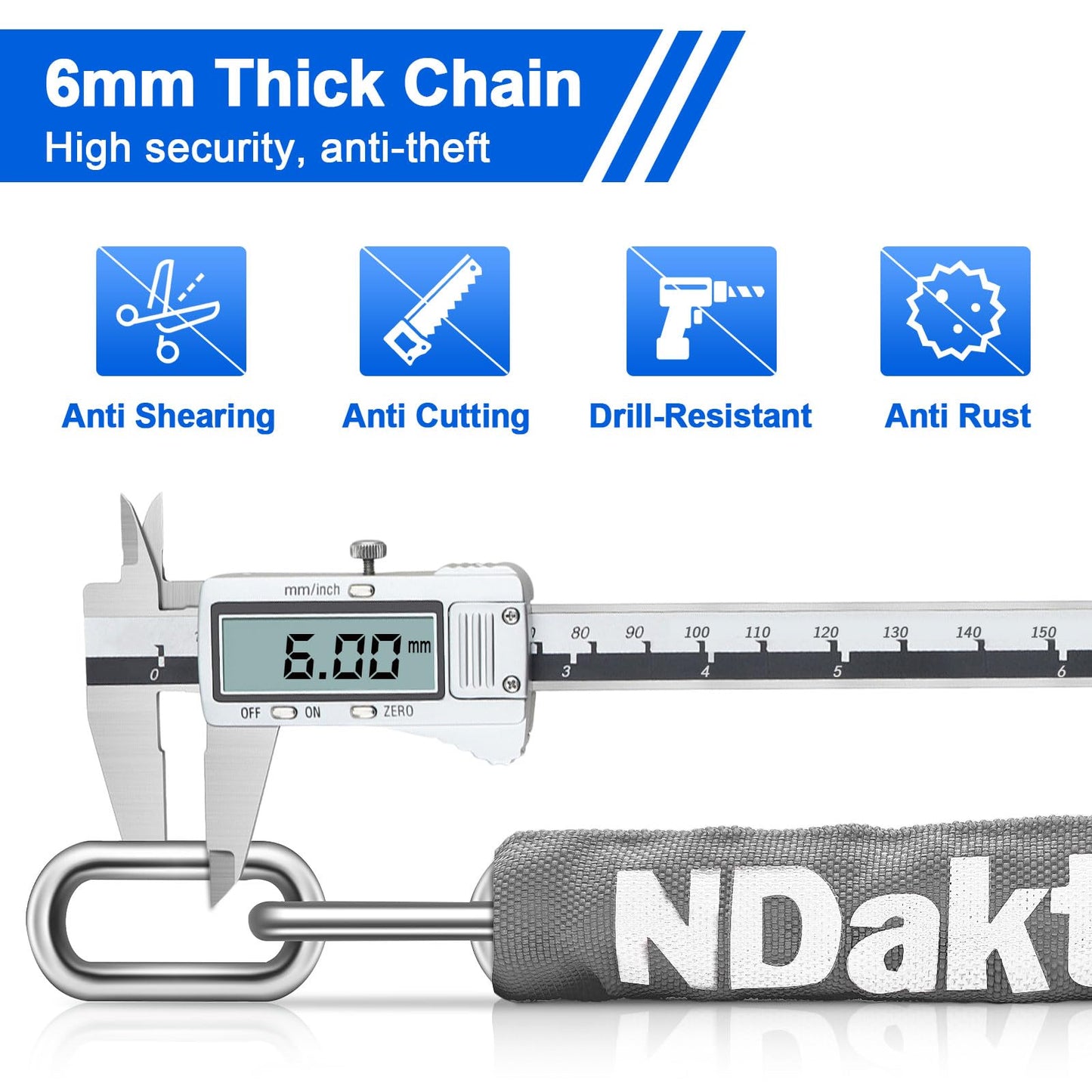 NDakter 5 Digit Combination Heavy Duty Anti Theft Bicycle Chain Lock, 2.62/3.2/4.27/5/6Ft Long Security Resettable Bike Locks for Bike, Bicycle, Scooter, Door, Gate, Fence-4/6mm Thick