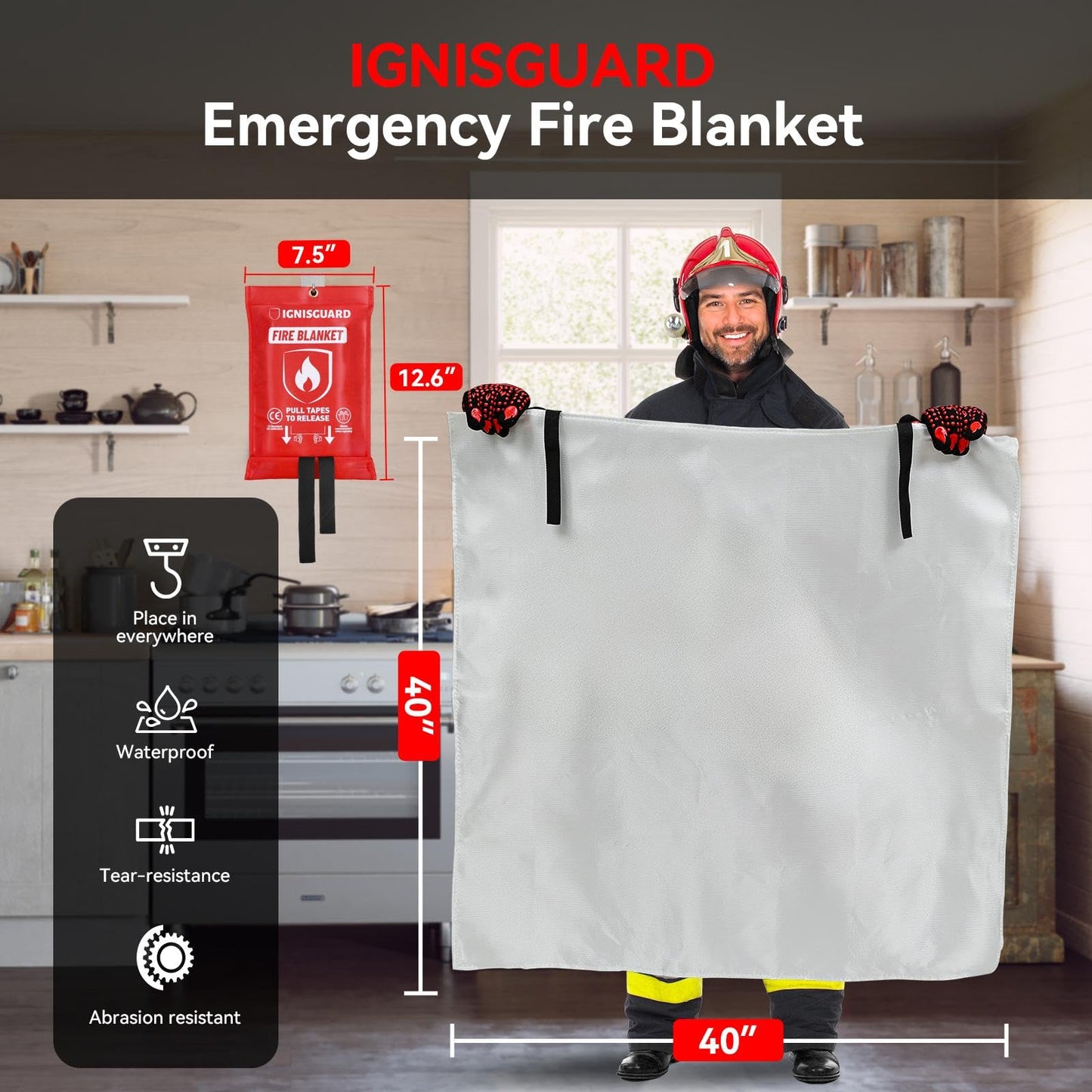 IGNISGUARD Emergency Fire Blanket for Home and Kitchen, 1-Pack 40"x40", Fiberglass Fire Blankets Emergency for Home BBQ Grill Camping Car Office Warehouse Picnic Fireplace Fireproof Survival Safety