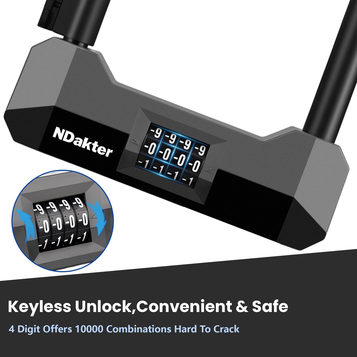 NDakter Bike Locks Heavy Duty Anti Theft, 18mm Bicycle Combo U Lock, 4-Digit Resettable Large Combination Lock with 5FT Steel Cable and Bracket, for Electric Scooter, Ebike, Motorcycle (Blue)