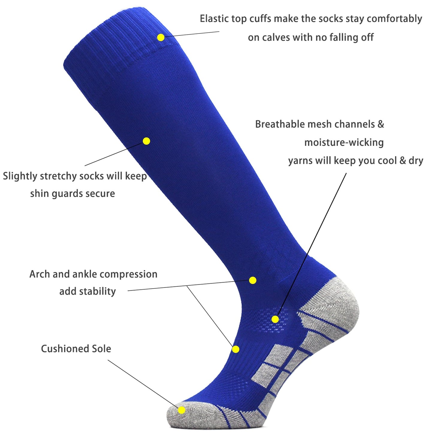 CWVLC Youth Soccer Socks 3 Pairs Girls Boys Rugby Sport Team Athletic Knee High Long Tube Cotton Compression Socks Blue Medium (5Y-7Y Youth/6-10 Women)