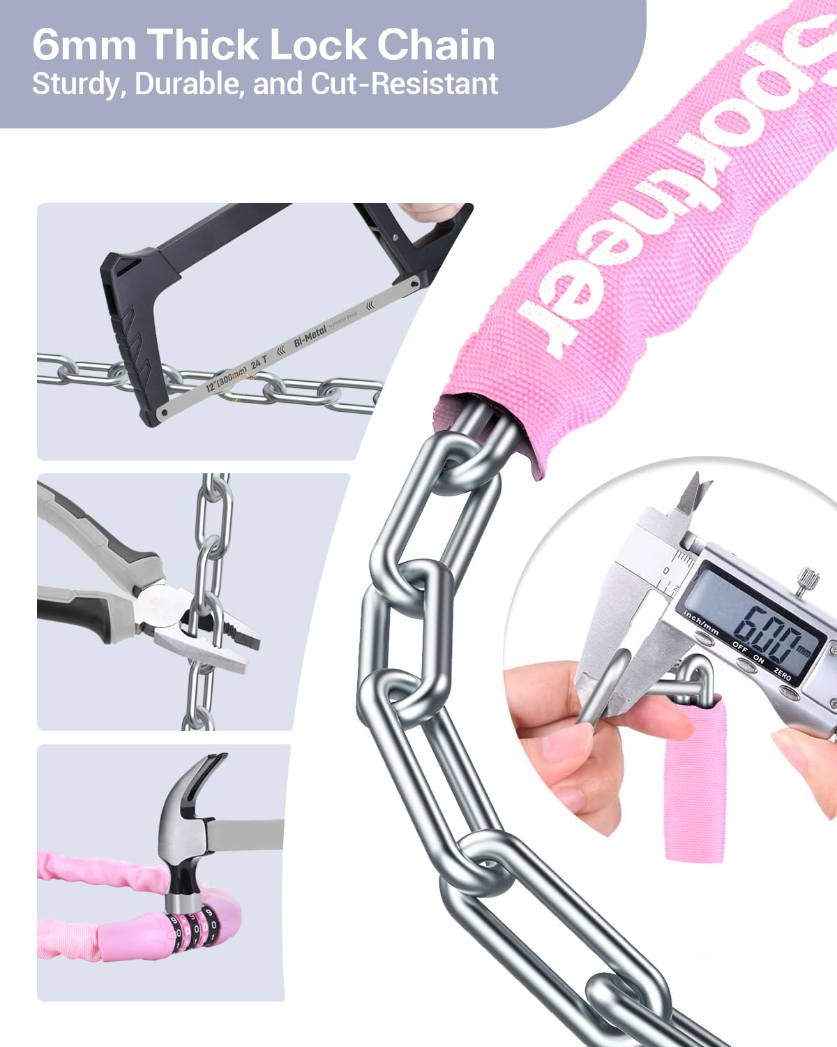 Sportneer Bike Lock: 5 Digit Combination High Security Anti Theft Bike Chain Lock - 3.2/3.6/4ft Heavy Duty Resettable Keyless Bicycle Lock for Bike, Motorcycle, Scooter, Door - 6mm Thick Pink