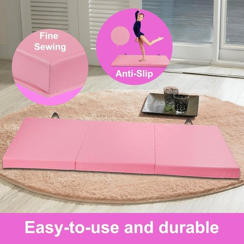 Foldable Exercise Mat 6/8/10 - PU Leather Gym Mat for Yoga, Stretching, Aerobics, Tumbling, Cheerleading, Martial Arts - Non-Slip Home Workout Mat with Hook & Loop Fastener - Versatile Fitness Mat for Gymnastics (pink, 6x2x2)