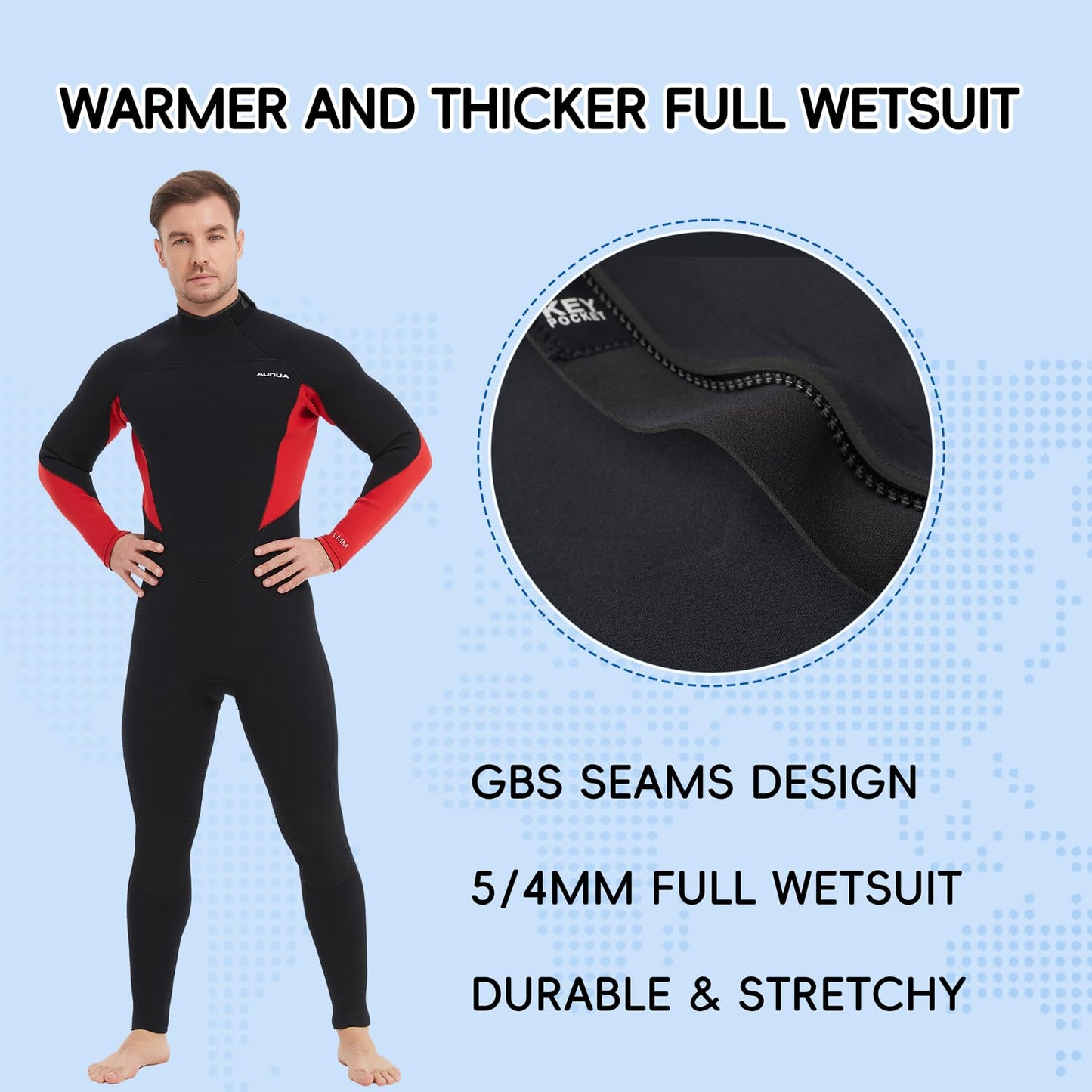 Aunua Wetsuits Men 5mm Back Zip Fullsuit Superstretch Neoprene GBS Seams Surfing Wetsuit(6051-L)