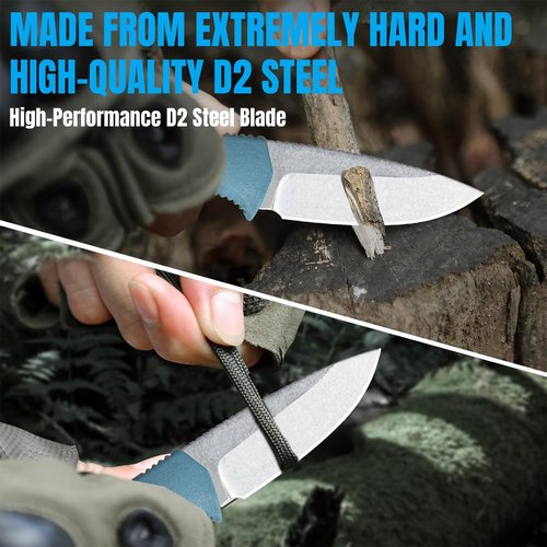 CeoNic Portable Fixed Blade Knife with Kydex Sheath, 2.6" D2 Blade EDC Outdoor Knife with Depth Blue Santoprene Handle (18050)