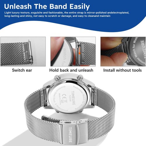 TIMEURE Men's Pedometer Watch with Stainless Steel Bracelet, Step Counter Watch, No App, No Charging Needed for Outdoor Walking, Calorie, Distance, Alarm, Countdown Timer TU-2306B