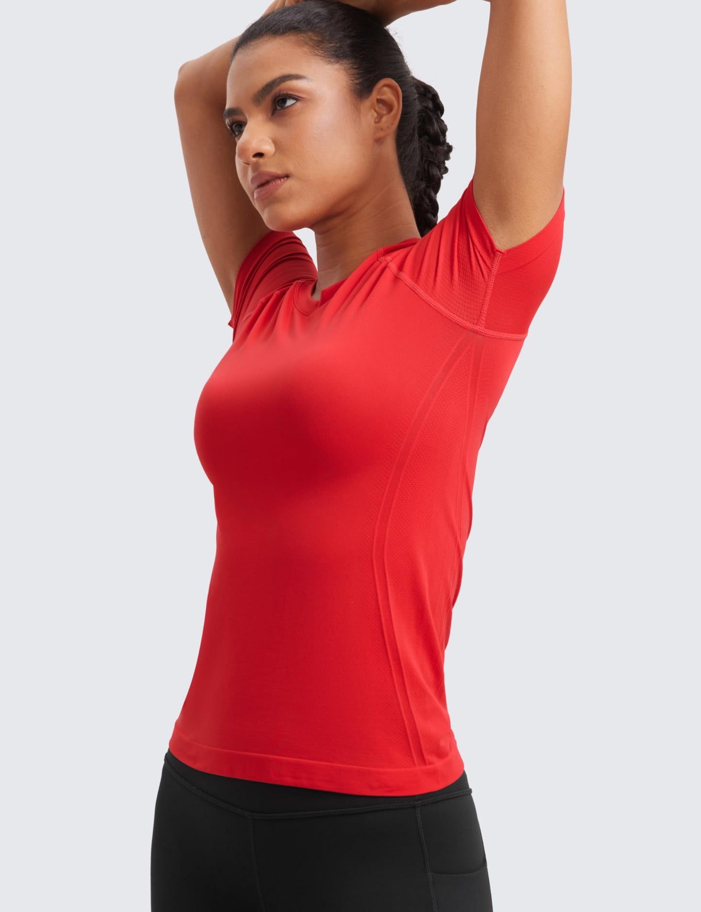 CRZ YOGA Seamless Workout Tops for Women Hip Length - Athletic Running Gym Yoga Short Sleeve Shirts Breathable Crewneck Tees Deep Red Medium