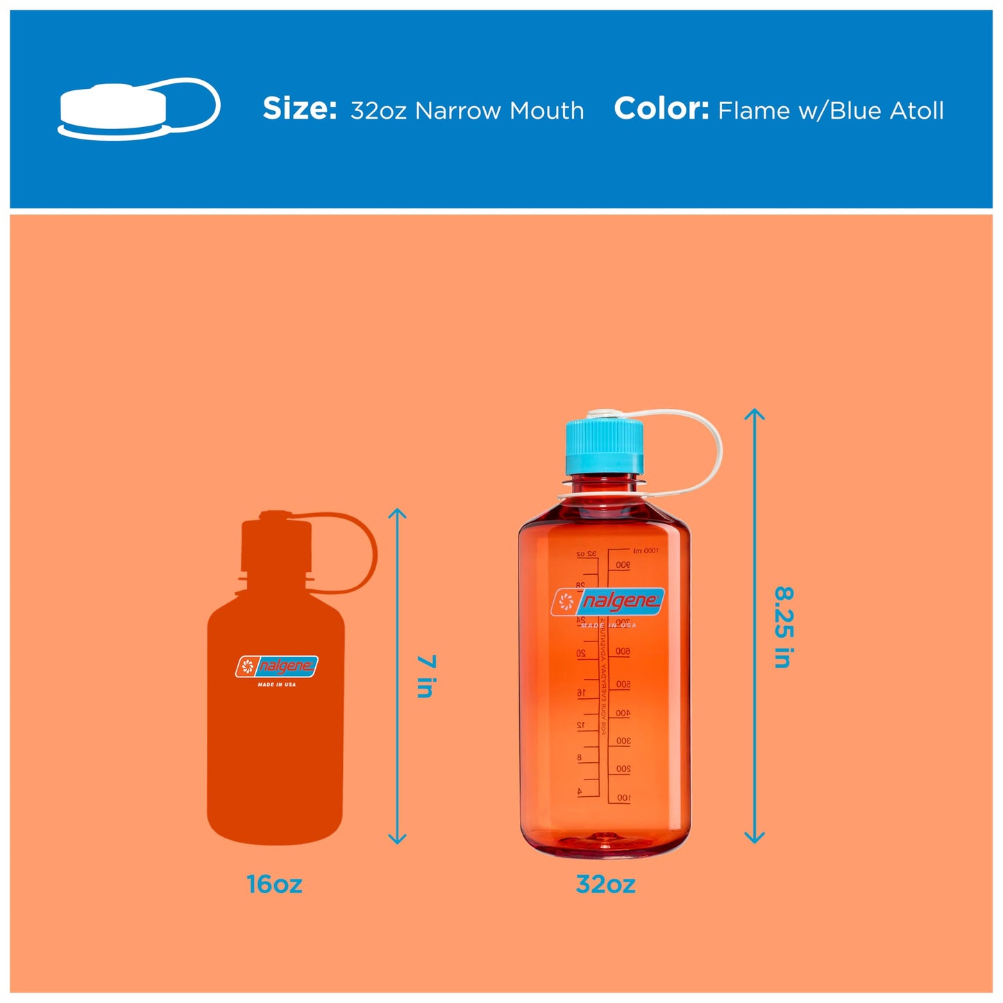 Nalgene 32 oz Narrow Mouth Water Bottle | BPA-Free, Durable & Leak Proof, Lghtweght for Hkng & Gym – Thrll & Moton, Flame w/Blue Atoll