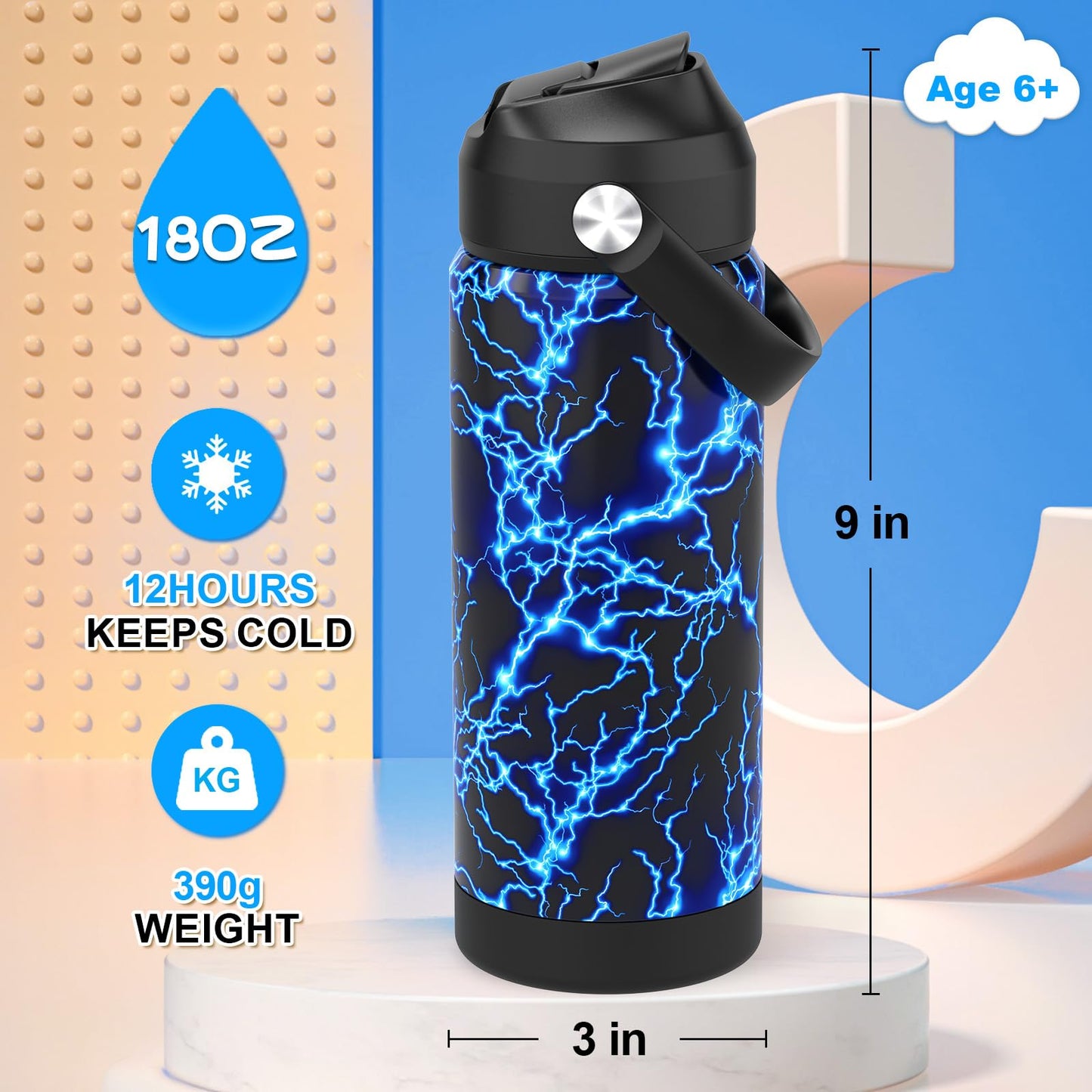 Monster Trucks Boys Water Bottle with Straw,18 oz Kids Insulated Cups with Stainless Steel Leak Proof for School,Sport&Travel