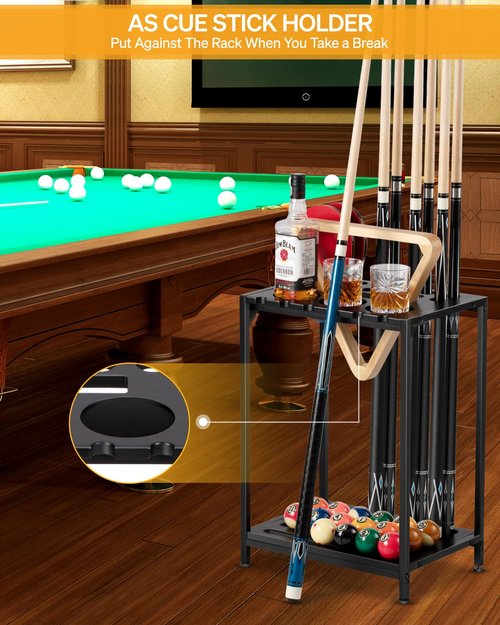 EXTCCT Billiards Pool Stick Holder - Pool Cue Rack Floor Stand & Ping Pong Paddle Holder Hardwood Pool Cue Holder for 12 Cues Sticks Pool Table Accessories Organizer (Black)