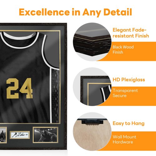 Jersey Frame Display Case for Football,Solid Wood Shadow Box with 98% UV Protection Acrylic,Two Photo Frame One Signature for Baseball, Basketball, Hockey, Uniforms - Black Walnut Finish