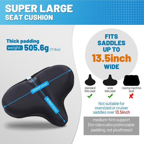LONGDE Wide Bike Seat Cover – 13.5” x 10.5” Gel Padded Bicycle Cushion for YLG Saddle – Anti-Slip, Medium Firm Support for Indoor & Outdoor Riding