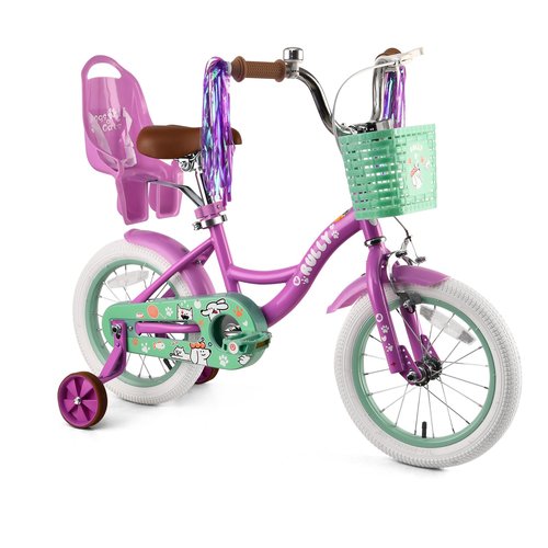 RULLY 14 Inch Girls Bike with Training Wheels, Purple Kids Bicycle with Basket & Doll Seat for 3 4 5 Years Old Toddlers, Children's Bicycle for Beginners