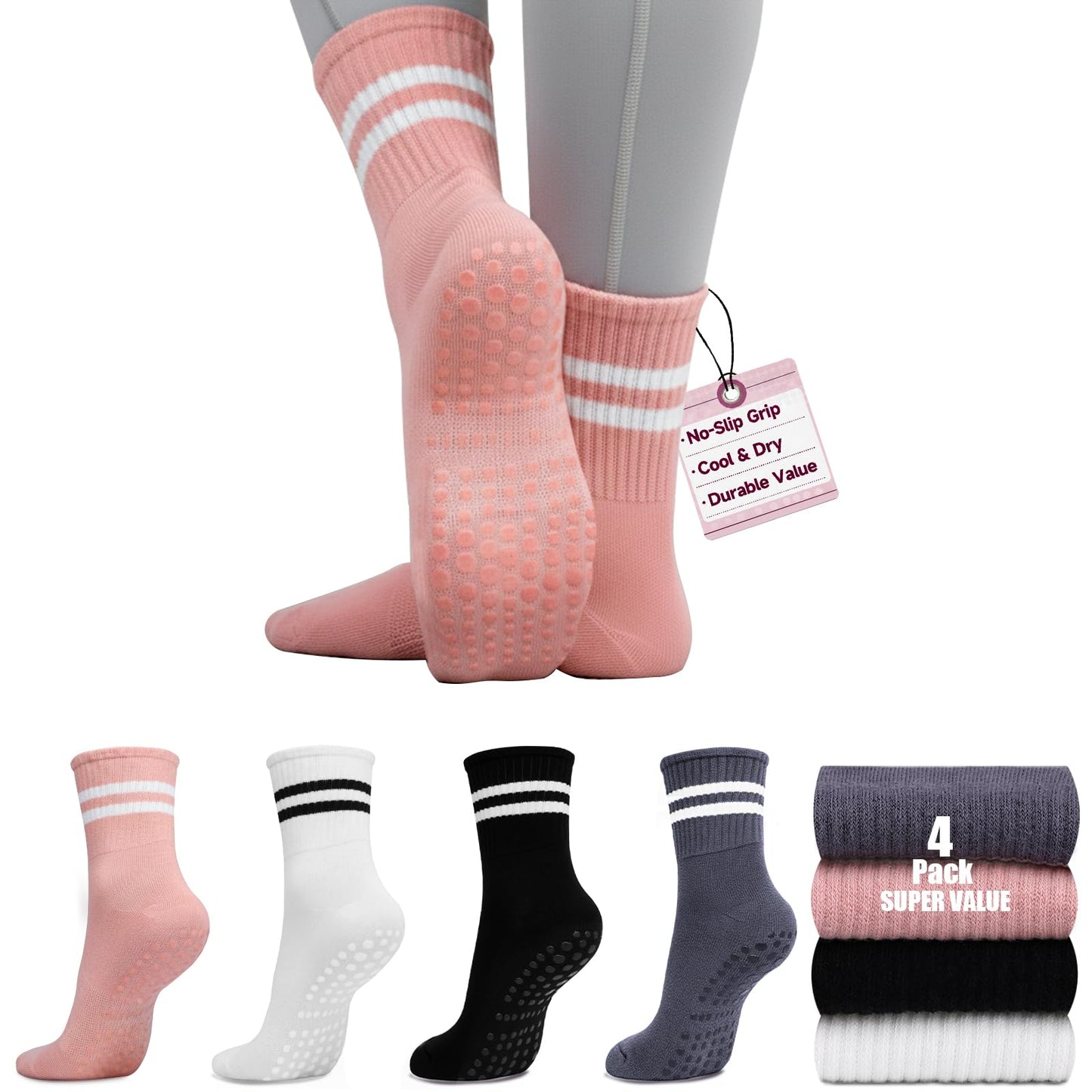 SPORTIC Pilates Socks with Grips for Women, Non Slip Yoga Socks Barre Crew Grippy Sticky Socks for Workout, Dance, Hospital – 4 Pairs Athletic Anti Skid Grip Socks