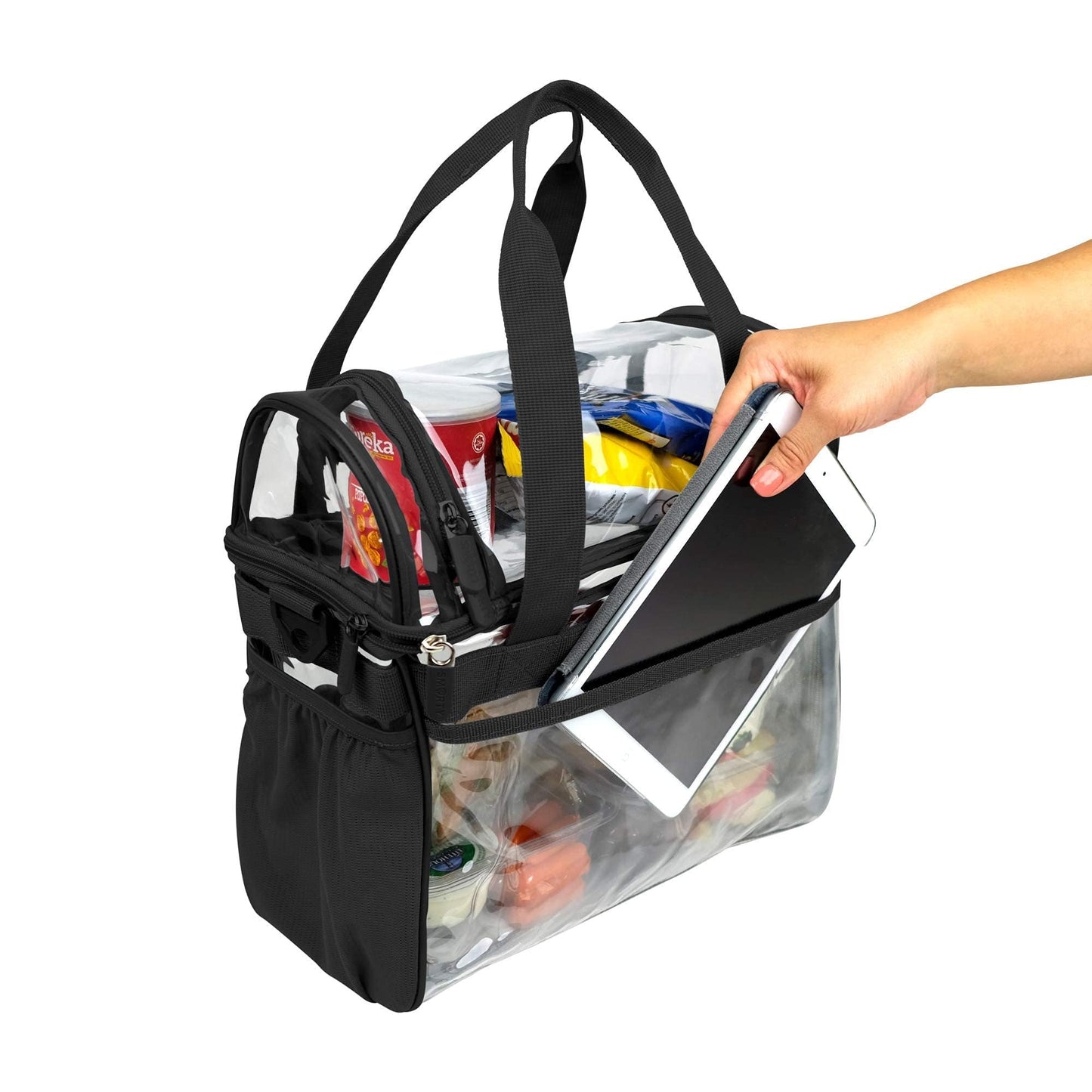 TXSN Large Clear Lunch Tote Heavy Duty Stadium Bag Approved Durable Crossbody Makeup Cosmetic Box for Men Women Work (Black, 12 x 6 x 12)