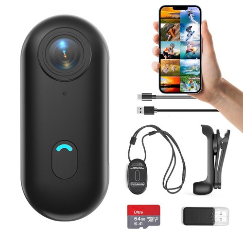 FOUKWAKC H7 64GB 1080P Thumb Action Camera, Mini Body Cameras, Wearable Pocket Vlogging Camera with Magnetic Lanyard, Small Portable Camcorder Helmet Cam for Work, Cycling, Travel, Pet Walking