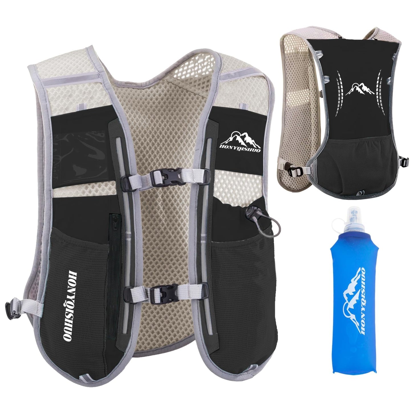 Hydration Vest Pack Backpack, Running Vest for Women Men, Adjustable Chest Straps Running Hydration Vest with 500ml Soft Flask, Vest for Trail Hiking