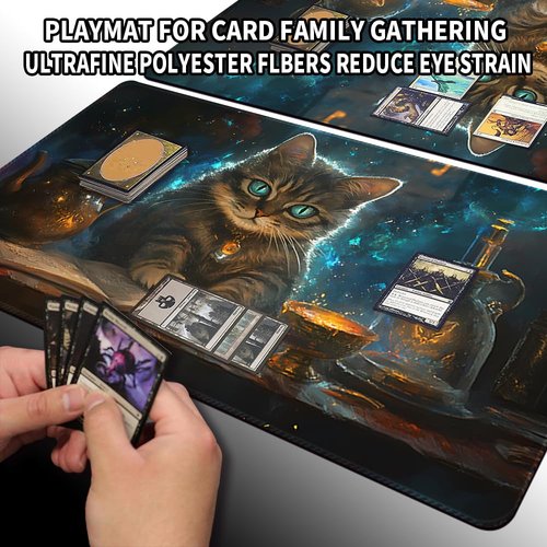 Playmat for MTG (Stitched) Size 24x14 inches, Including Storage playmat Bag - Very Suitable for Amateur Enthusiasts TCG MTG playmat and Card Areas(Researching Cats-No Zone)