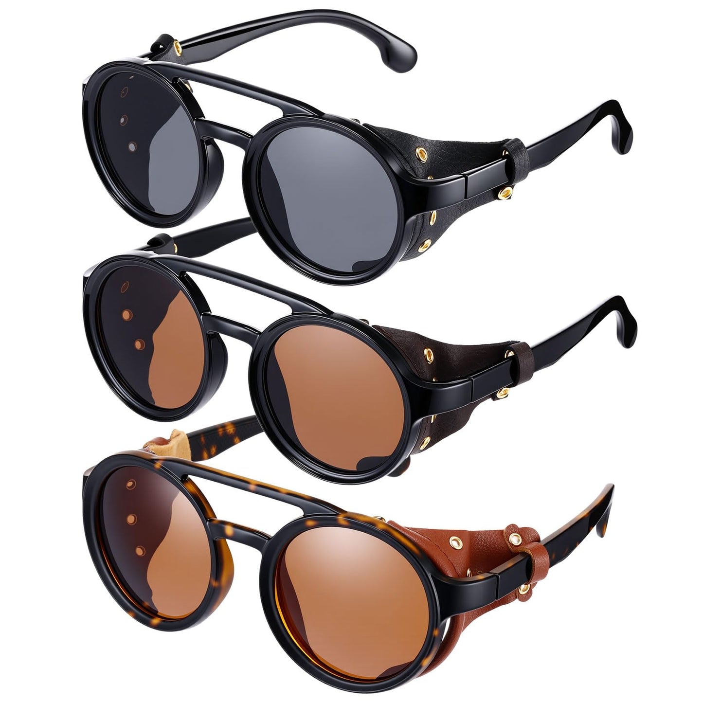 Weewooday 3 Pairs Retro Round Steampunk Sunglasses with Faux Leatherwear for Men Women (Retro Color)