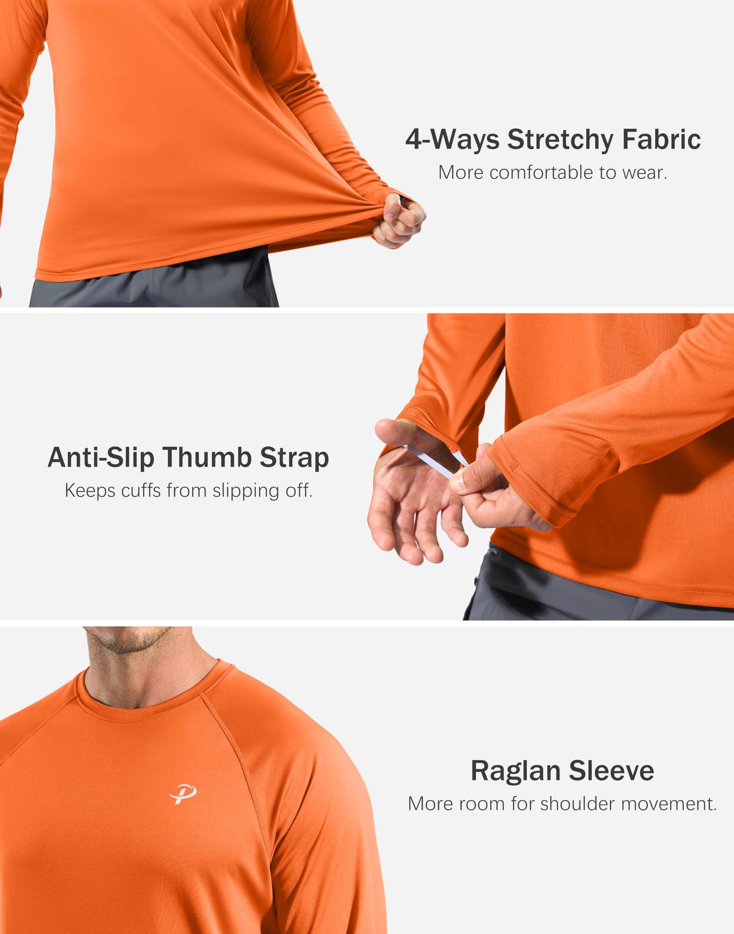 Pudolla Mens Long Sleeve Shirts UPF 50+ UV Sun Protection Athletic Shirts for Hiking Running Workout Rash Guard(Orange L)