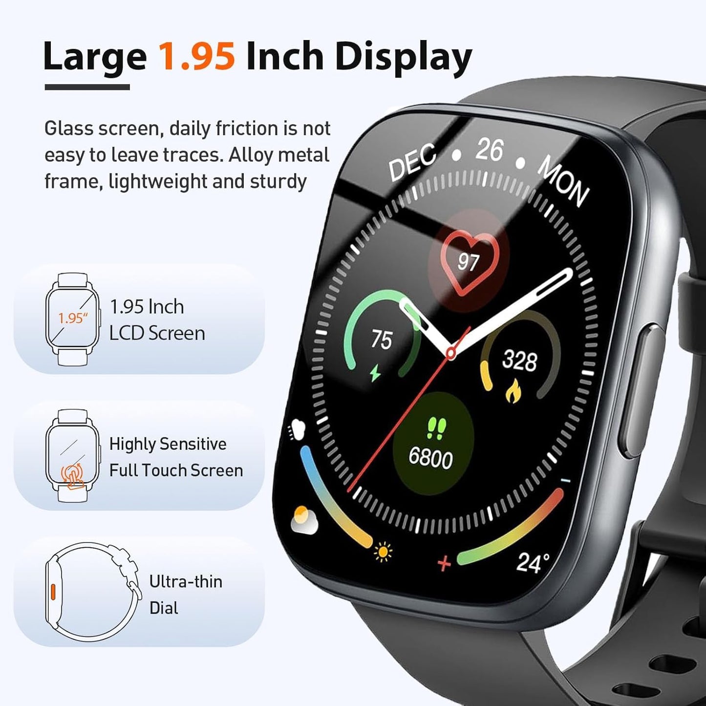 2025 Smart Watch for Men Women, 1.95" HD Touchscreen Fitness Tracker with Bluetooth Calling, Fitness Watch with 110+ Sports Modes/Heart Rate/Sleep Monitor, IP68 Waterproof Smartwatch for Android iOS