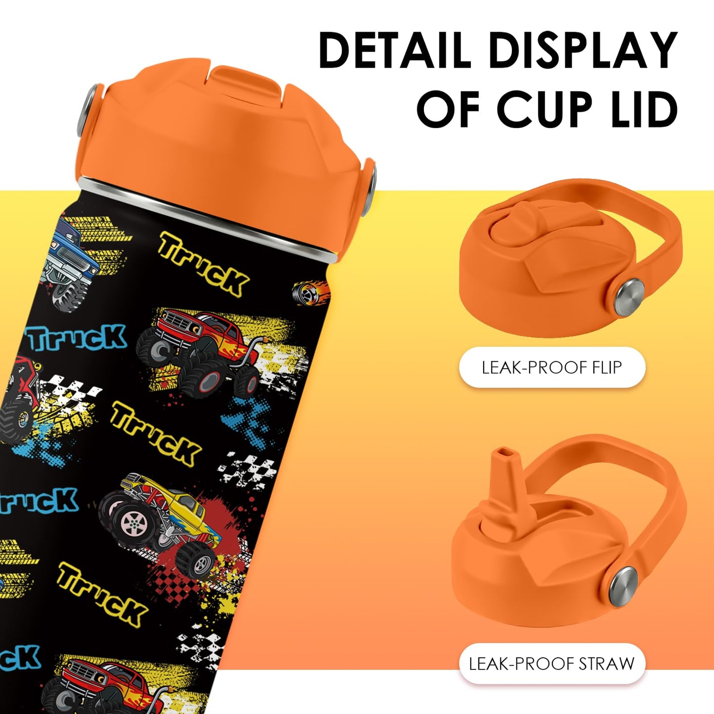 Monster Truck Gifts for Kids, 16oz Boys Water Bottle with Straw Lid, Stainless Steel Insulated Cup, BPA-Free, Leak Proof Kids Water Bottle for Monster Truck Fans, School Travel Birthday Gift (1pc)