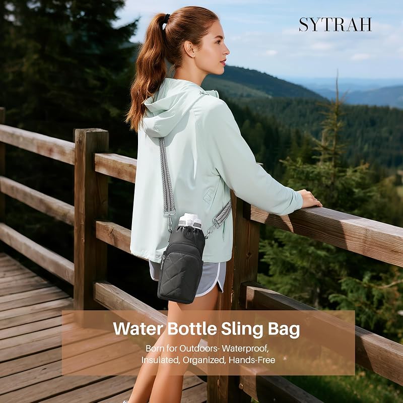 Black Insulated Water Bottle Bag Crossbody with Phone & RFID Pockets