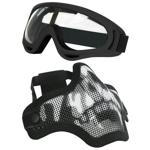 Aoutacc Airsoft Half Face Mask Steel Mesh and Goggles sSet, Tactical Masks Protection Gear for Paintball BBS CS Nerf Game Cosplay Halloween Costume Accessories (Black with Pattern)