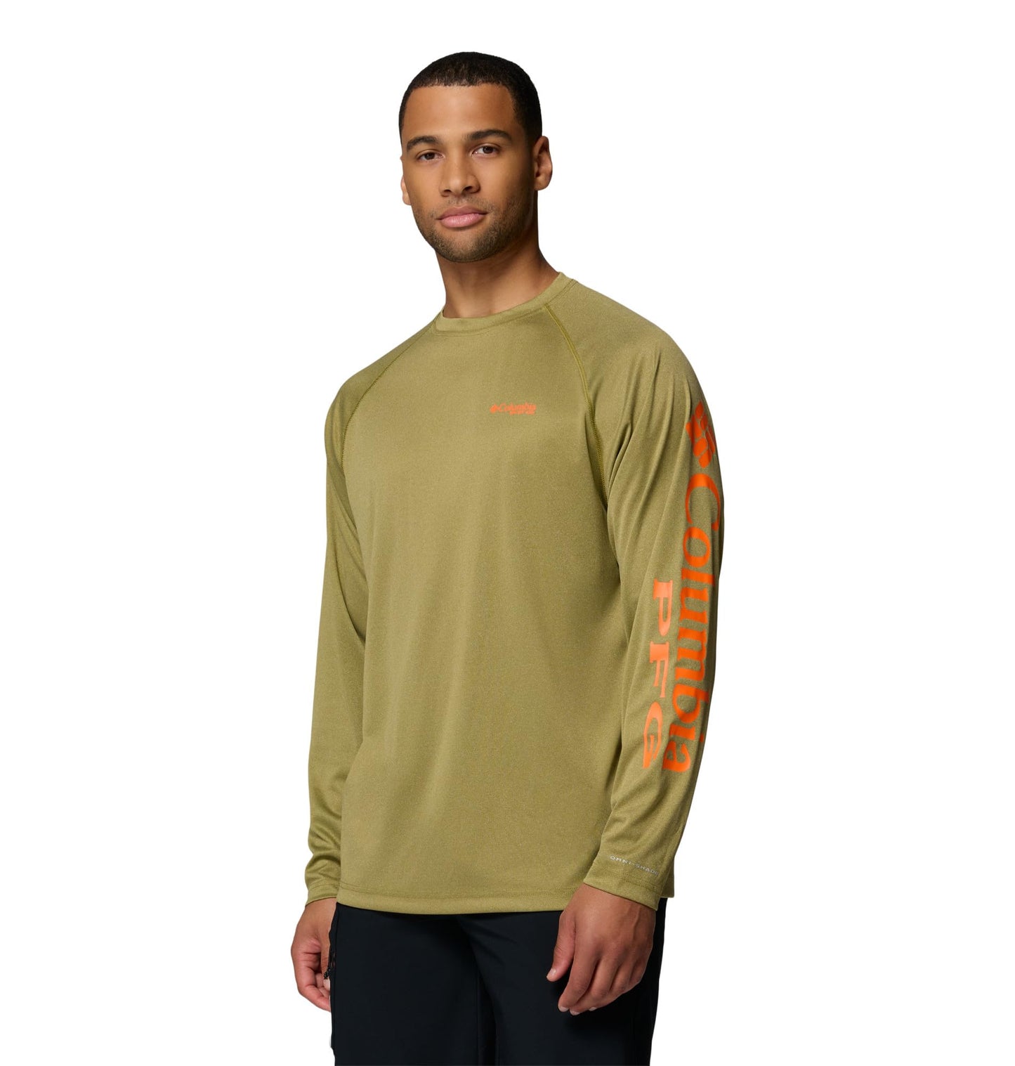 Columbia Men's PFG Terminal Tackle Long Sleeve Fishing Shirt, Grove Green Heather/Spark Orange Logo, 3X Tall