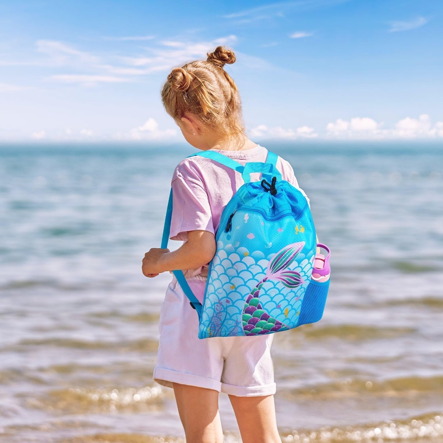 WAWSAM Drawstring Backpack for Kids, 15” × 17” Mermaid Gym Bag Cinch Bag for Girls Kids Waterproof Swim Beach Bag, Back to School Birthday Gift with Zippered Pocket and Bottle Pocket