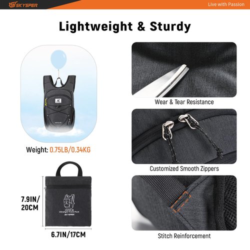 SKYSPER 15L Foldable Hiking Backpack Lightweight Packable Travel Daypack with Chest Strap Small Outdoor Folding Back Pack Collapsible Bag for Women Men (Black)