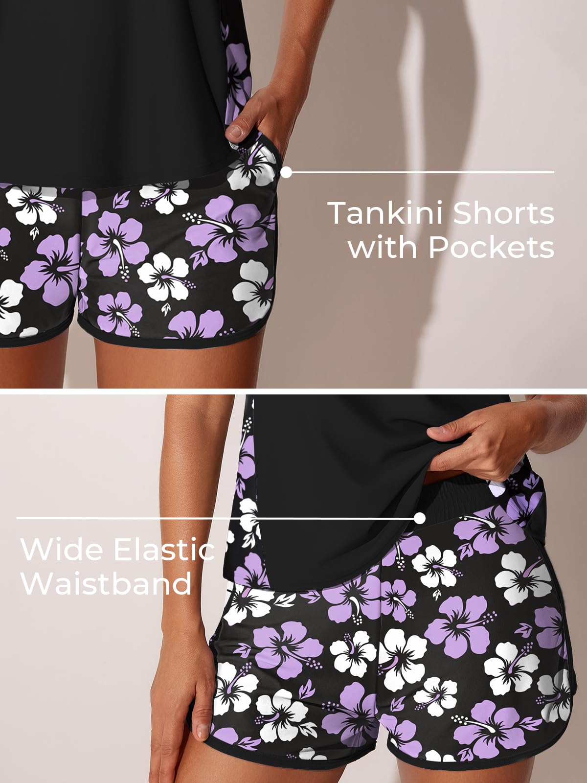 Summer Mae Blouson Tankini Swimsuits for Women 2026 Tummy Control Two Piece Bathing Suits with Sporty Pockets Swim Shorts Light Purple Floral Size 14