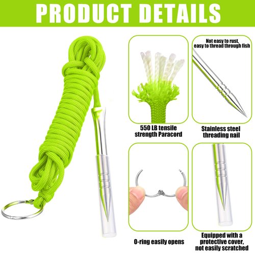 Soulchen 2 PCS 10 Ft 550lb Paracord Fishing Stringer Fish Holder with Stainless Steel Fish Spike and 1 Inch Split Ring (Green)