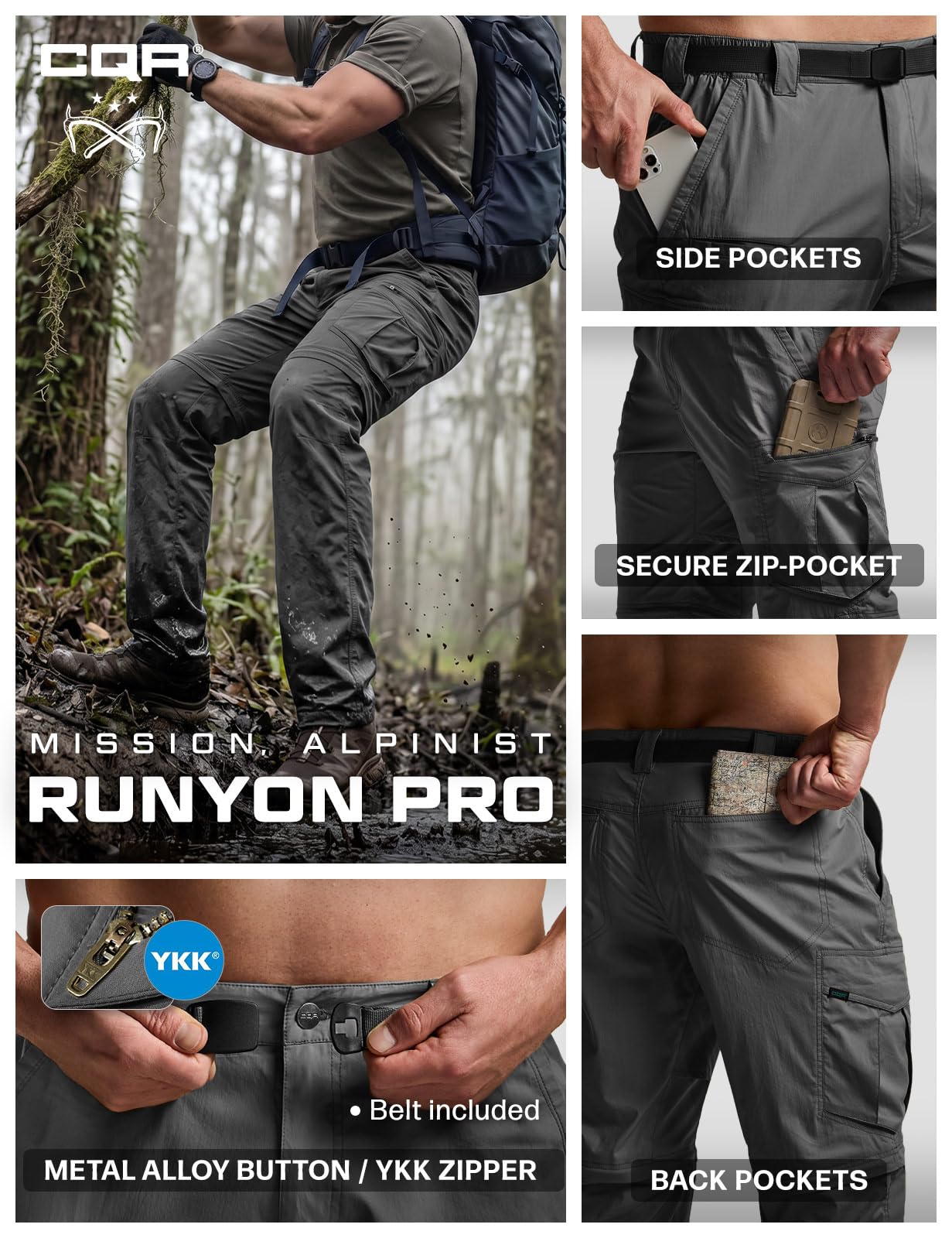 CQR Men's Convertible Cargo Tactical Pants, Water Resistant Outdoor Hiking Pants, Zip Off Lightweight Stretch Work Pants, Runyon Cargo W/Belt Charcoal, 34W x 32L