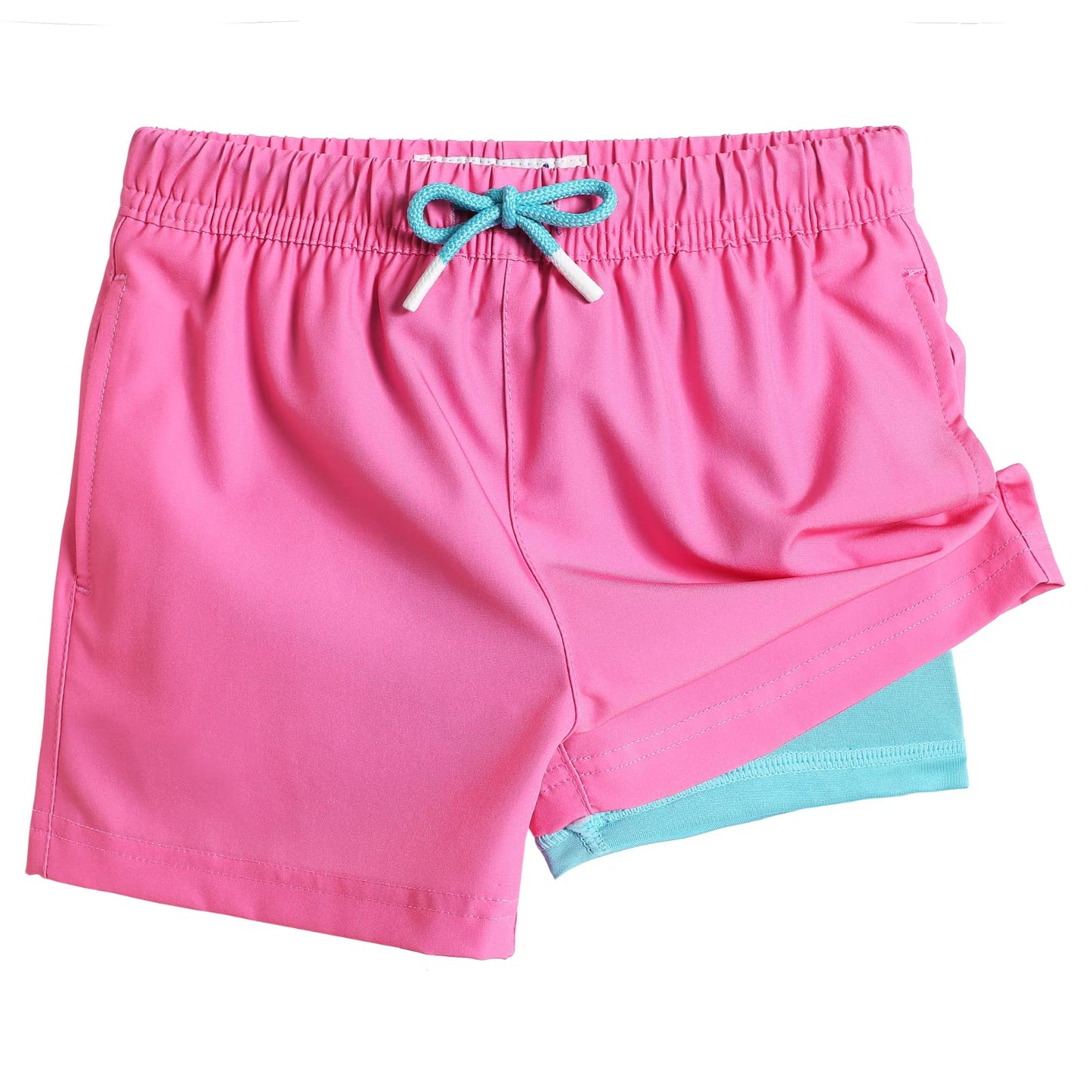 maamgic Boys Swim Trunks with Compression Liner Toddler Stretch Swim Shorts Quick Dry Swimming Trunks Boxer Brief 2 in 1 Beach Shorts Pink Lake Blue 14/16
