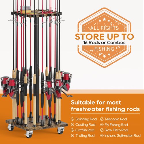 Fishing Rod Rack for 16 Poles - 360° Rotating Base, Easy to Install & Durable Wooden Pole Holders for Garage, Fishing Rod Equipment Organizer Storage Stand for Ground, Fishing Gifts for Men, Brown
