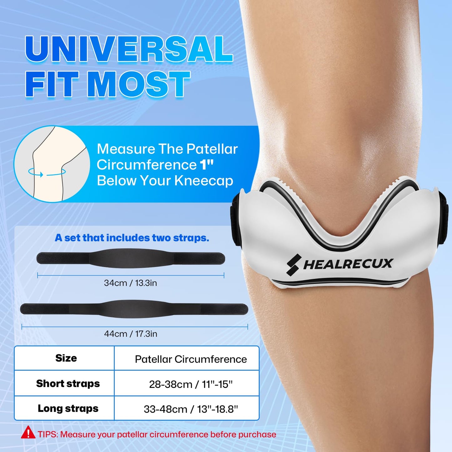 Healrecux Patellar Tendon Support Strap, Silicone Patella Knee Strap, Non-Slip Patella Band Knee Brace for Jumpers Knee, Tendonitis, Basketball, Volleyball - White 1 Pack
