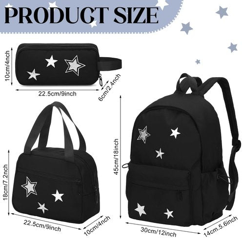 Sunnymove 3 Pcs Cute Y2k Star Backpack Set with Lunch Bag and Pencil Case, Kawaii Aesthetic Canvas Bookbag, Preppy Grunge Trendy Backpack College Casual Day Pack for Women Black