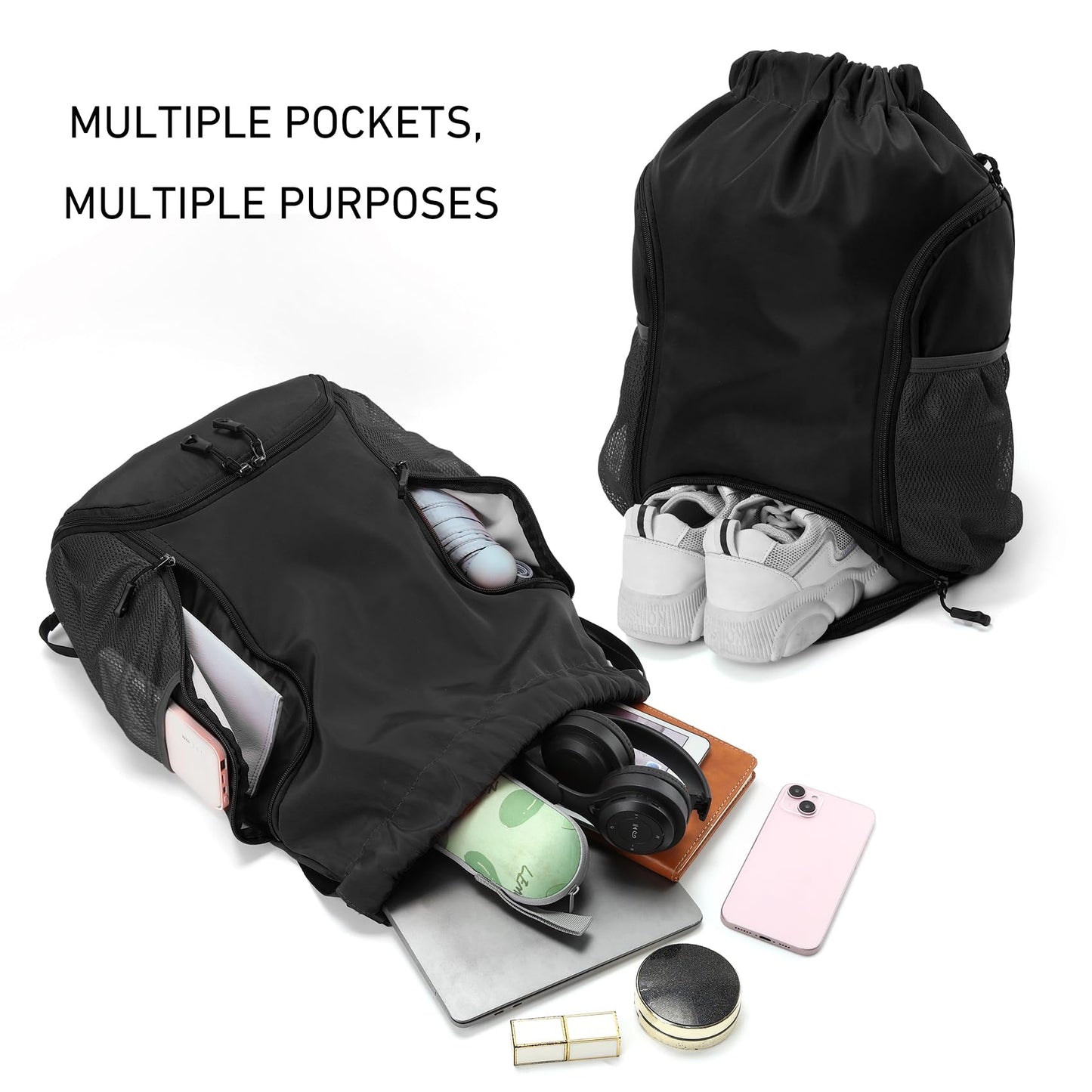 Valleycomfy Sports Gym Bag Drawstring Backpack with Shoes Basketball Bag and Two Water Bottle Holder,Black