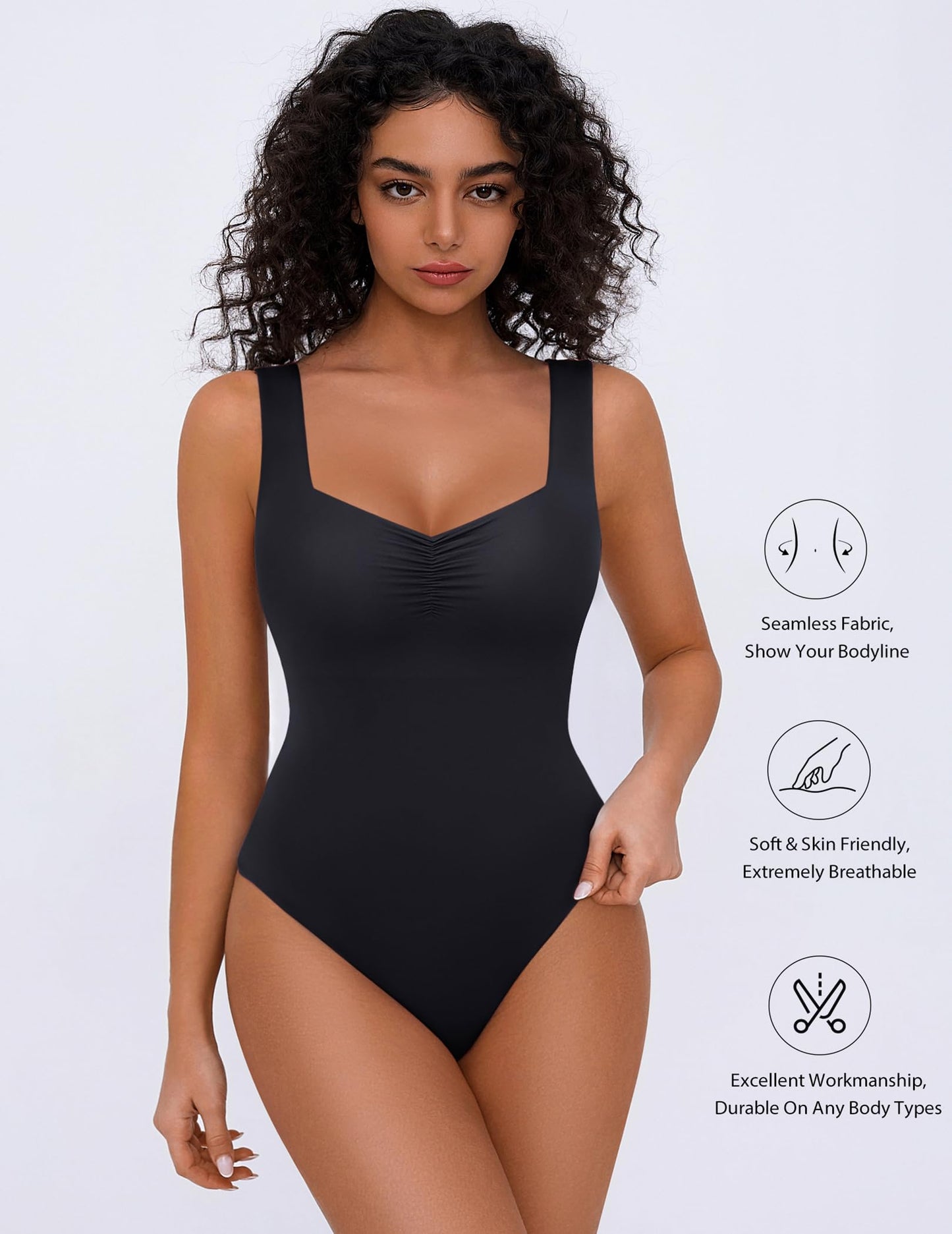 Avidlove Black Bodysuit Women Sweetheart Neck Ruched Body Suits Seamless Double Lined Tank Top Slimming