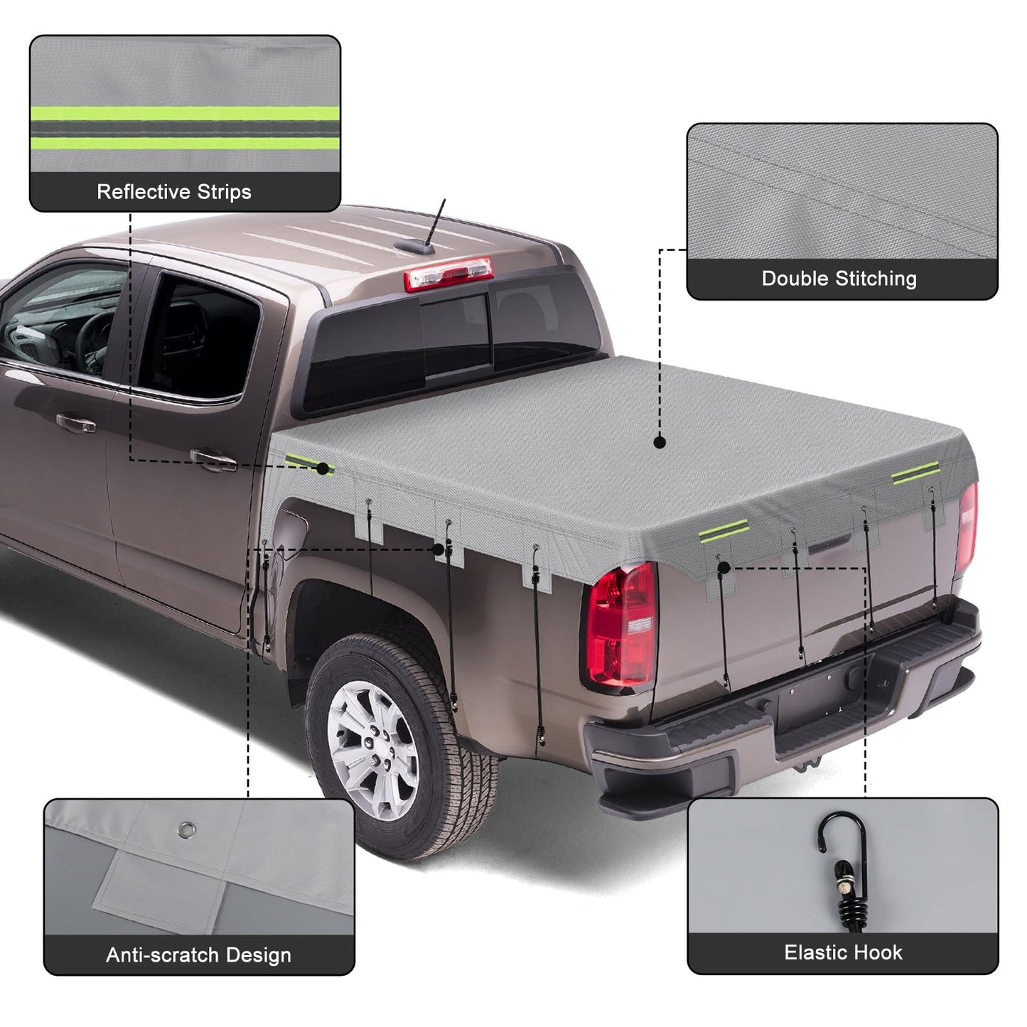 Mid-Size Truck Bed Tarp Cover Compatible with Toyota Tacoma, Ford Ranger and Nissan Frontier 5Ft-5.3Ft Short Bed, 600D Heavy Duty with 12 Elastic Cords Pickup Bed Tarp for Snow Rain Dust Protection