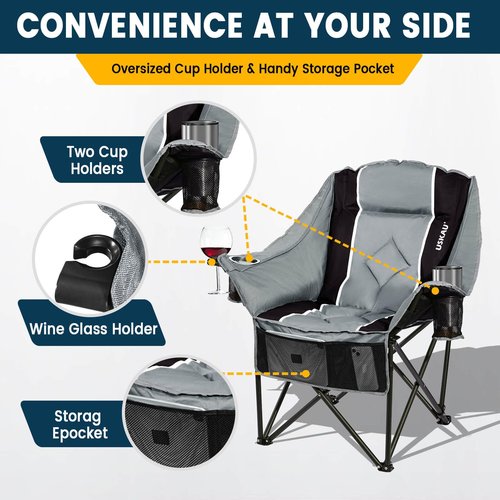 USKAU Oversized Camping Chair for Large Adults Heavy Duty 400 lbs Capacity, Comfortable Padded Folding Lawn Chair with Back & Headrest Support and Cup Holder, Portable Outdoor Chair with Carry Bag