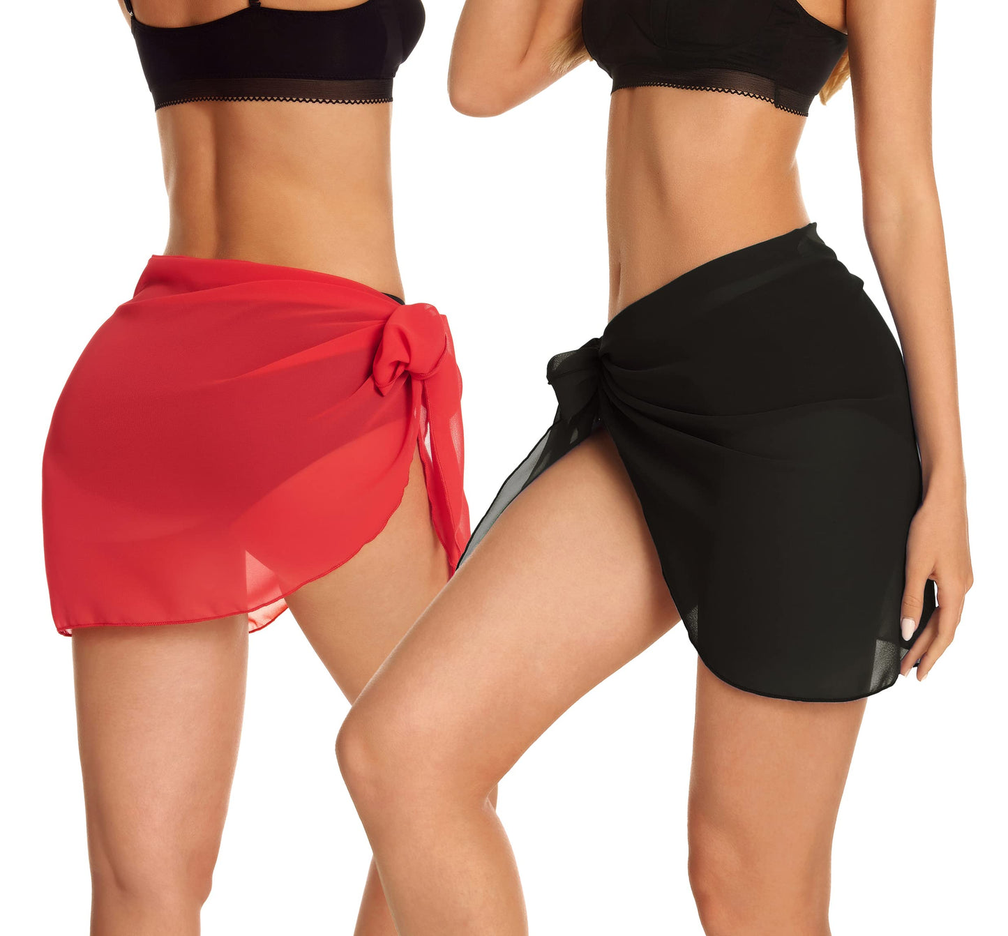 2 Pieces Sarong Cover Ups for Women Beach Bathing Suit Wrap Sheer Short Skirt Bikini Chiffon Scarf for Swimwear (Black Red
