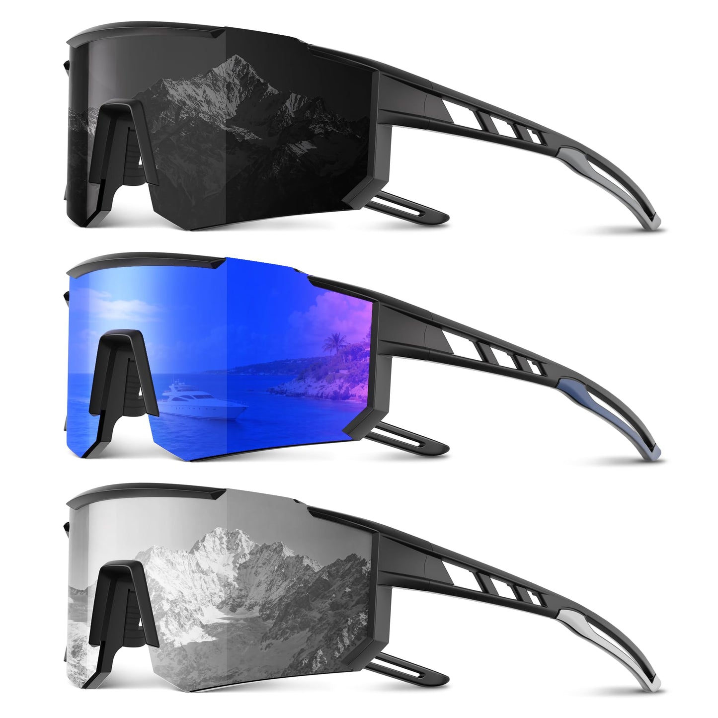 Foliful 3 Pack Polarized Sports Sunglasses Men Women, Running Mens Sunglasses UV Protection for Baseball Cycling Fishing, Grey/Dark Blue/White