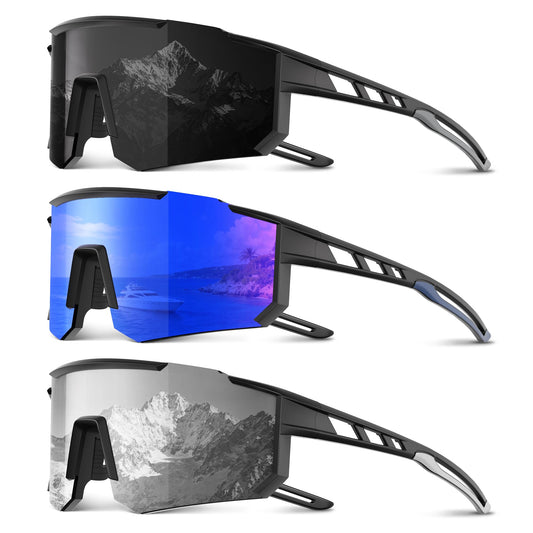 Foliful 3 Pack Polarized Sports Sunglasses Men Women, Running Mens Sunglasses UV Protection for Baseball Cycling Fishing, Grey/Dark Blue/White