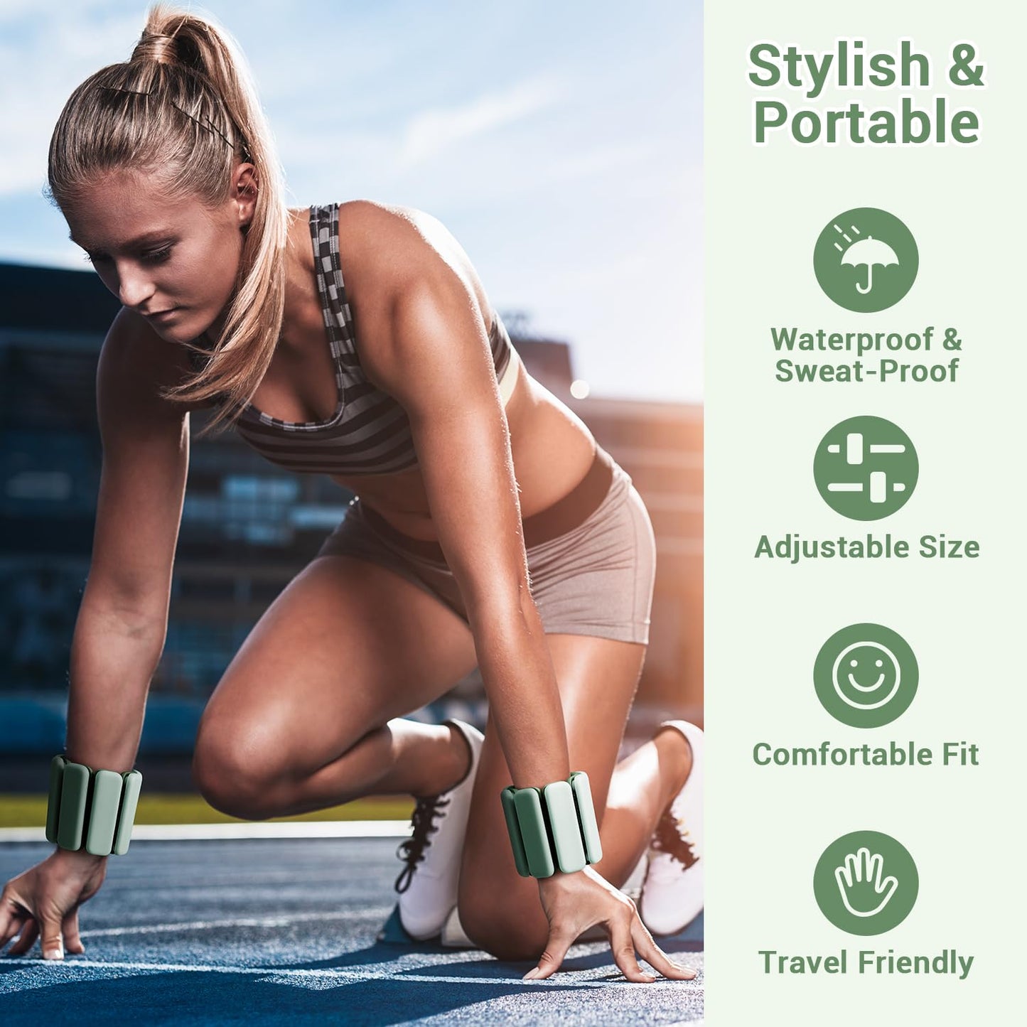 Sportneer Wrist & Ankle Weights for Women Men - 1 Pair (1 lb/2 lb Each) | Adjustable Weighted Bracelet Silicone Bangles for Yoga, Dance, Pilates, Cardio, Aerobics, Gym, Pool Exercises and Jogging (Cool Matcha, 1 LB x 2)