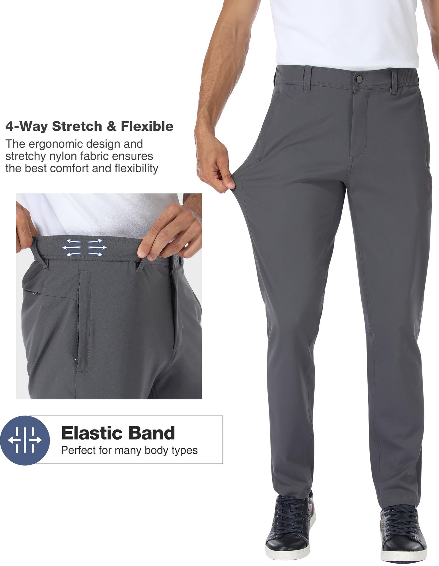 PULI Mens Golf Pants Stretch Dress Slim Fit Pants Waterproof Comfy Casual Work Tapered Pants with Pockets Grey,34Wx32L