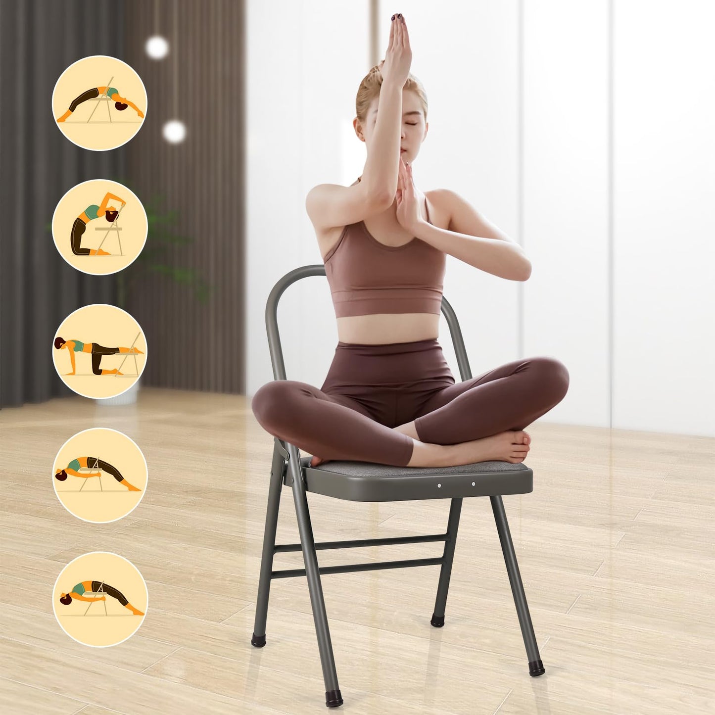 INNOLIFE Yoga Auxiliary Chair Foldable Backless Yoga Chair for Abs & Core, Foldable Balance Training Yoga Chair, Flexibility and Strength Training and Back Pain Relieving (Gray)